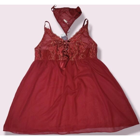 NEW NWT Burgundy Plus Sz 22/24 Lingerie Chemise & Thong 2 Pc Sexy Set CACIQUE - Picture 2 of 5
